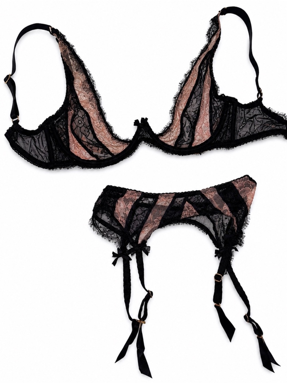 Agent Provocateur Lace Bra & Garter Belt Set Black Blush 32E Designer Lingerie